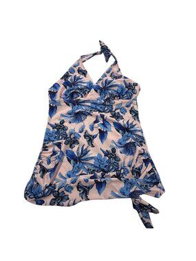 Savi Mom Blue Floral Halter Tankini Swim Top Size S 85% Polyester 15% Spandex